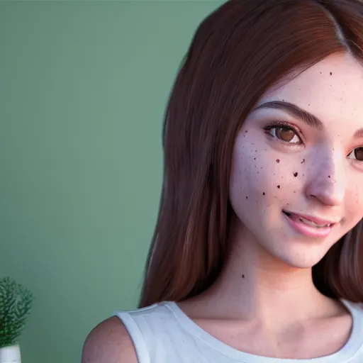 Image similar to Render of April, a cute 3D young woman, bronze brown hair, full round face, green eyes, light tan skin cute freckles, light blush, smiling softly, wearing casual clothing, interior lighting, cozy living room background, medium shot, mid-shot, hyperdetailed, trending on Artstation, Unreal Engine 4k