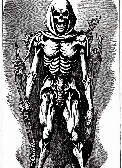 Prompt: illustration of motu's skeletor as a demon from the dictionarre infernal, etching by louis le breton, 1 8 6 9, 1 2 0 0 dpi scan, ultrasharp detail, clean scan