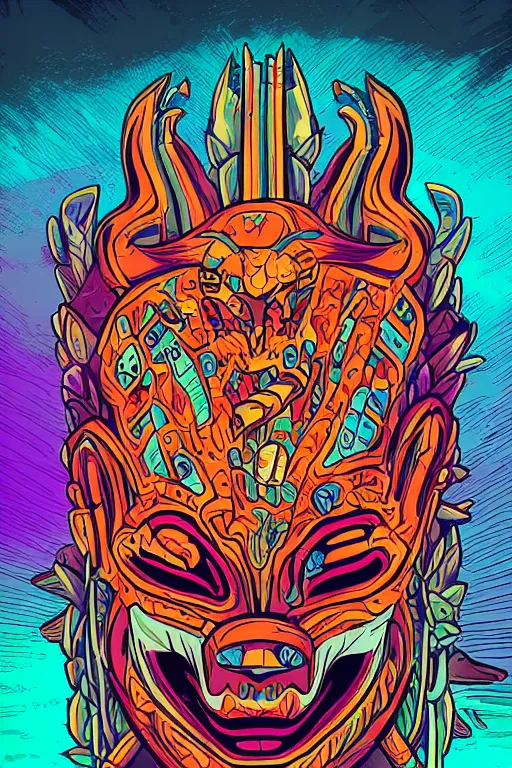 Image similar to totem animal mask tribal feather gemstone plant wood rock shaman vodoo video game vector illustration vivid multicolor borderlands comics by josan gonzales and dan mumford radiating a glowing aura