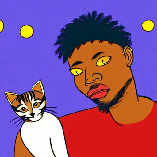 Image similar to storybook illustration of a rapper in 1 9 9 0 new york holding a kitten up to the camera, storybook illustration, monochromatic