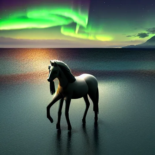 Prompt: beautiful horse made of glass, northern lights, night ocean, fjords, moonlit, waves, octane render, artstation, HDR