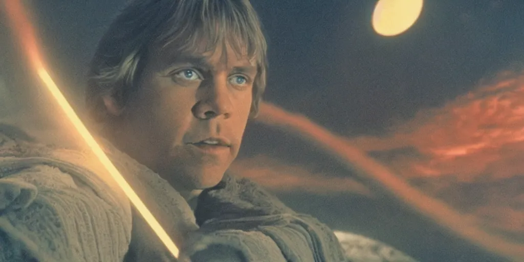 Image similar to screenshot portrait of Luke Skywalker, on a planet of maelstrom, chaos, the world without form and void, 1970s film by Stanley Kubrick, iconic scene, HR Geiger design, stunning cinematography, hyper-detailed, sharp, anamorphic lenses, kodak color, 4k, stunning