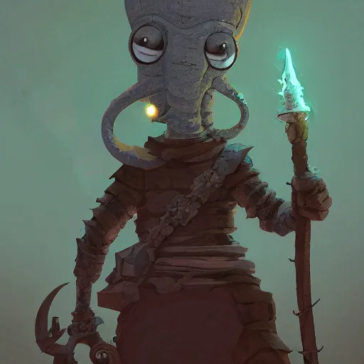 Prompt: squidward as a dark souls boss by James Gilleard