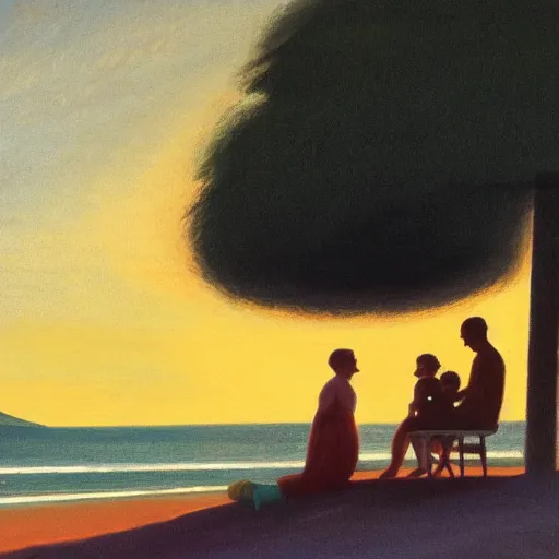 Image similar to a family sitting on a blanket at the beach watching the sun go down in the style of Edward hopper