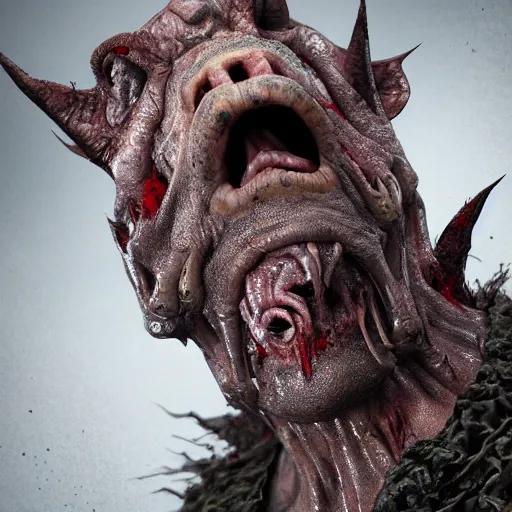 Image similar to hideous, grotesque, ominous, creepy, mangled, decaying, undead, slimy, wet, mucous covered, evil, satanic, tribal, pagan, blind sorcerer, pig faced, boar - man. 8 k resolution concept art, photorealistic, hyperdetailed, hyperrealism, weta workshop. octane render.