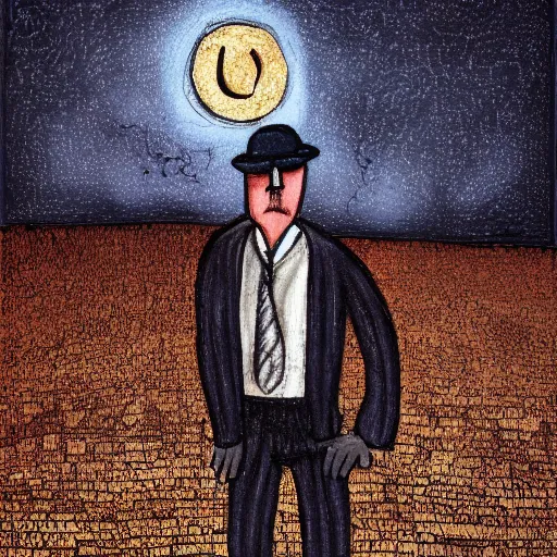 Prompt: dream A portrait of a man, by Karl Wiener, nighttime foreground, abstract, figurative, unreal engine, pen, dark colors, dirt brick road, Absurdist art