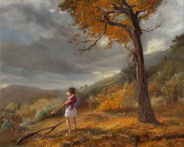 Image similar to landscape portrait of a girl chopping a hickory tree with an axe, autumn mountains, original oil on canvas painting by william sydney mount, trending on artstation