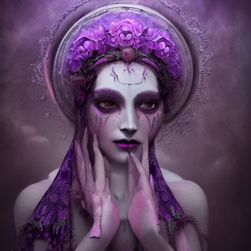 Image similar to a beautiful detailed 3d matte painting of female goddess of the dead, ominous, magical realism, texture, intricate, purple torn fabric, radiant colors, fantasy, trending on artstation, volumetric lighting, micro details, 3d sculpture, ray tracing