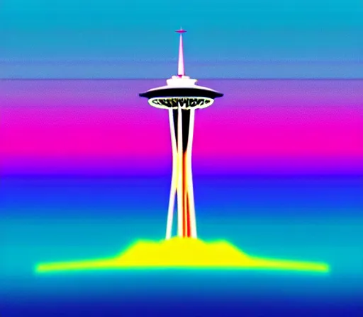 Image similar to a beautiful and immaculate balanced vaporwave ombre scene depicting outrun style seattle and the space needle