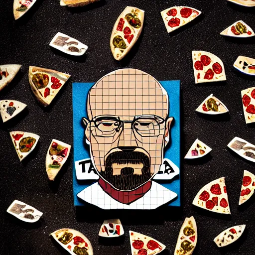 Image similar to pizza made of walter white figurine stickers, unreal, render, splash, award winning photograph