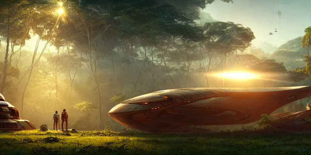 Image similar to a futuristic rusty old spaceship, on a landing pad, surrounded by a lush jungle, in the foreground two explorers are having a conversation, golden hour, sun beams, volumetric light, hyperdetailed, artstation, cgsociety, 8k