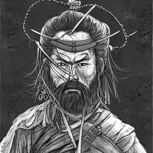 Image similar to a portrait from behind of a samurai man vagabond that holds chains, detailed, illustration, concept art, ink style, sketch