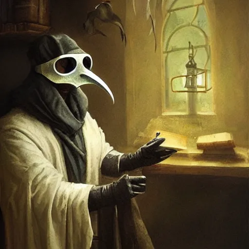 Image similar to plague doctor working in medieval apothecary wearing gloves, bird beak, magical alchemy laboratory, oil painting, by Greg Rutkowski