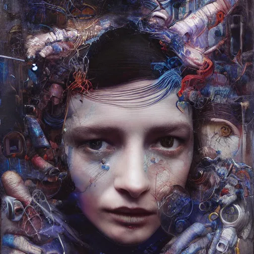 Image similar to cyberpunk dreaming by eugene von bruenchenhein, peter lindbergh, sam spratt, michael page, alyssa monks, julie heffernan, glenn brown, naoto hattori, brian froud, nicola samori, paolo roversi, kilart, 8 k, hyper detailed, hyper realism, acrylic paint, surrealism, smooth, sharp focus