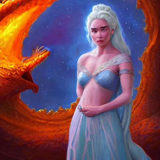 Prompt: cosmic lofi daenerys targaryen portrait, queen of dragons, fire flaming serpent, Pixar style, au naturel, hyper detailed, digital art, trending in artstation, cinematic lighting, studio quality, smooth render, unreal engine 5 rendered, octane rendered, art style by klimt and nixeu and ian sprigger and wlop and krenz cushart, by Tristan Eaton Stanley Artgerm and Tom Bagshaw.