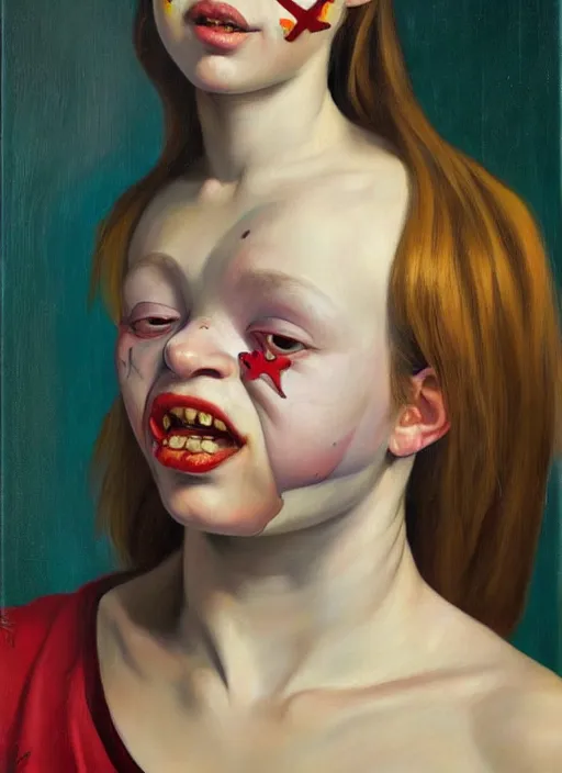 Image similar to Oil painting - portrait of a cross-eyed jester girl by Jenny Saville, Masterpiece, Edward Hopper and James Gilleard, Mark Ryden, Wolfgang Lettl highly detailed, hints of Yayoi Kasuma