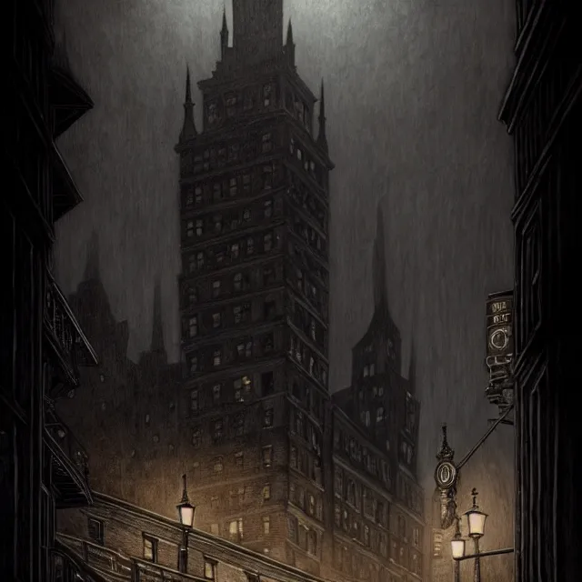 Prompt: haunted gothic hotel, 1920s boston overlooking a dark street, lovecraft, paul carrick, photorealistic, dark, atmospheric lighting, painted, intricate, ultra detailed by Leesha Hannigan, Thierry Doizon, Kai Carpenter, well composed, best on artstation, cgsociety, epic, stunning, gorgeous, intricate detail, wow, masterpiece