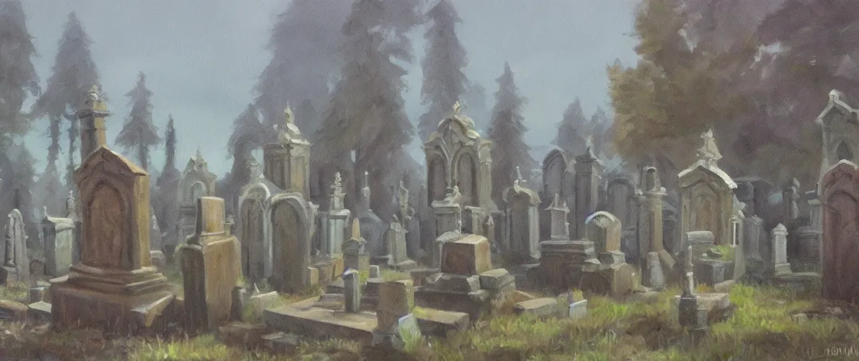 Image similar to dnd environment illustration, oil on canvas : : cemetary with crystal statues