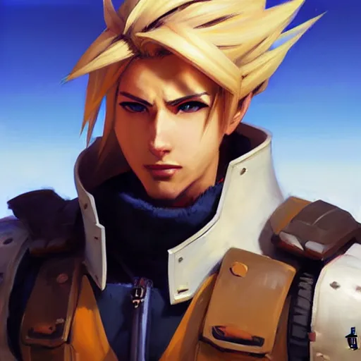 Image similar to Greg Manchess portrait painting o Cloud Strife as Overwatch character, medium shot, asymmetrical, profile picture, Organic Painting, sunny day, Matte Painting, bold shapes, hard edges, street art, trending on artstation, by Huang Guangjian and Gil Elvgren and Sachin Teng