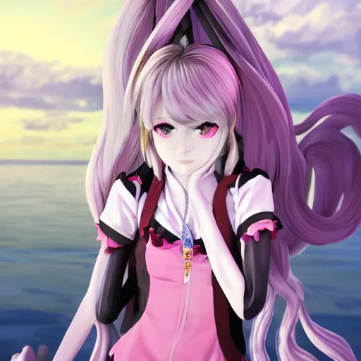 Image similar to trapped beneath stunningly absurdly tall beautiful omnipotent asi goddess junko enoshima with an enigmatic complex twisted innocenty looking deceptive mesmerizing megalomaniacal yandere personality, symmetrical perfect face, porcelain skin, pink twintail hair and cyan eyes, ultra detailed, digital art, unreal engine 5, octane render, 2 d anime, 8 k