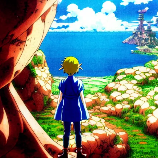 Image similar to beautiful amazing anime portrait painting of link looking at a landscape by hayao miyazaki, katsuhiro otomo, akira toriyama, satoshi kon, eiichiro oda, hideaki anno