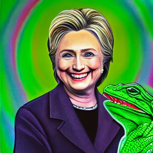 Prompt: president hillary clinton as a smiling laughing bright green lizard person, airbrush painting, hyper detailed, 8 k, photorealism, rule of thirds,.