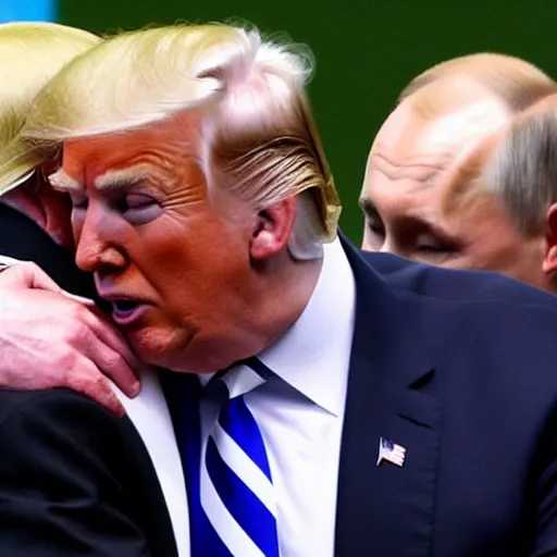 Prompt: Trump hugging Putin in center of Moscow