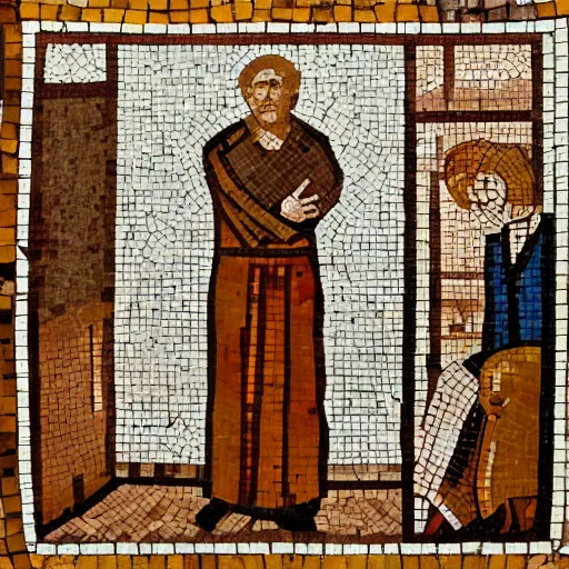 Image similar to trump in an old fashioned prison suite, byzantine mosaic,