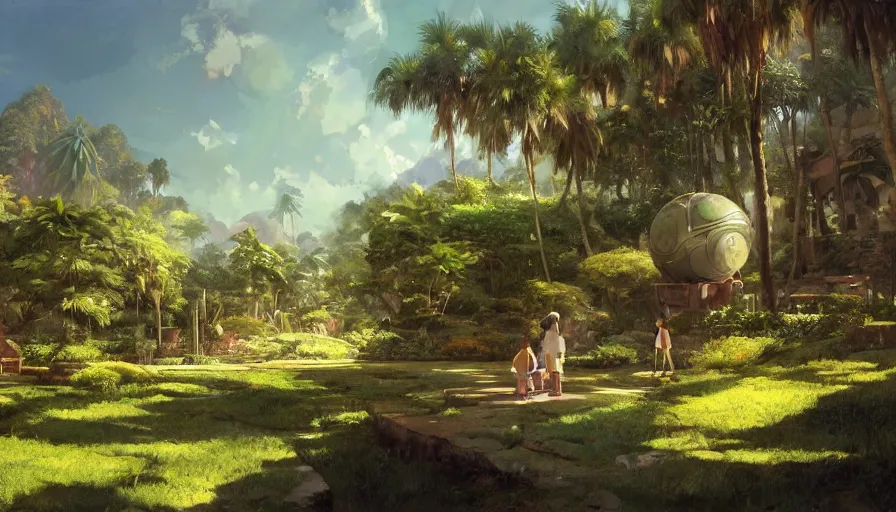 Image similar to craig mullins and studio ghibli illustration of a future sphere living space, lush landscape, science fiction landscape, flowers, flying saucers, palm trees, people, unreal engine, hyper realism, realistic shading, cinematic composition, realistic render, octane render, detailed textures, photorealistic, wide shot