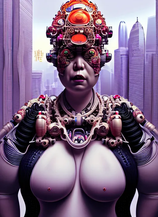 Prompt: portrait of an absurdly ugly, awful disgusting fat gross woman, fashionable cyberpunk mechanoid, hong kongcity, hyperdetailed illustration by irakli nadar and alexandre ferra, intricate linework, white porcelain skin, faberge, coral headdress, unreal engine 5 highly rendered, global illumination, radiant light, detailed and intricate environment