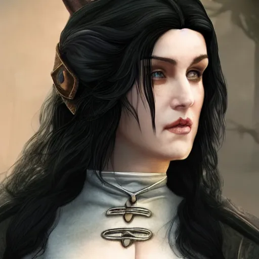 Prompt: yennefer as a medieval fantasy tolkien elf, dark purplish hair tucked behind ears, wearing leather with a fur lined collar, wide, muscular build, scar across the nose, cinematic, character art, real life, 8 k, detailed.