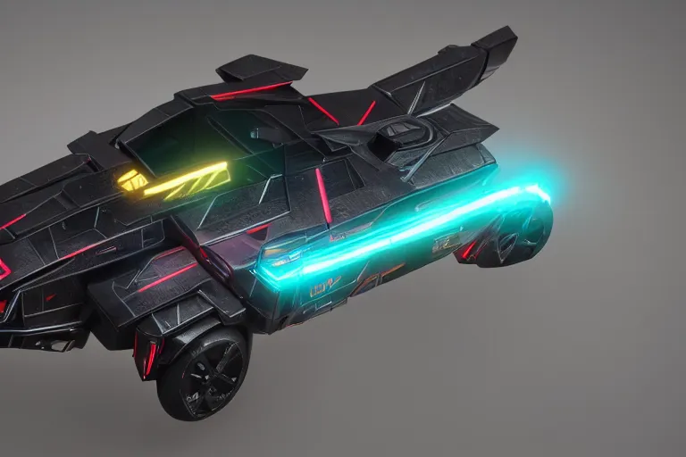 Prompt: full shot of a box - shaped sci - fi flying vehicle made from dark glass and plastic surfaces with neon kanji decals in the style of peugeot prestige, side lights, studio lighting, octane render, unreal engine 5, light background