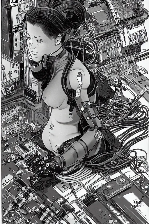 Prompt: an hyper-detailed cyberpunk illustration of a female android seated on the floor in a tech labor, seen from the side with her body open showing cables and wires coming out, by masamune shirow, and katsuhiro otomo, china, 1980s, centered, colorful