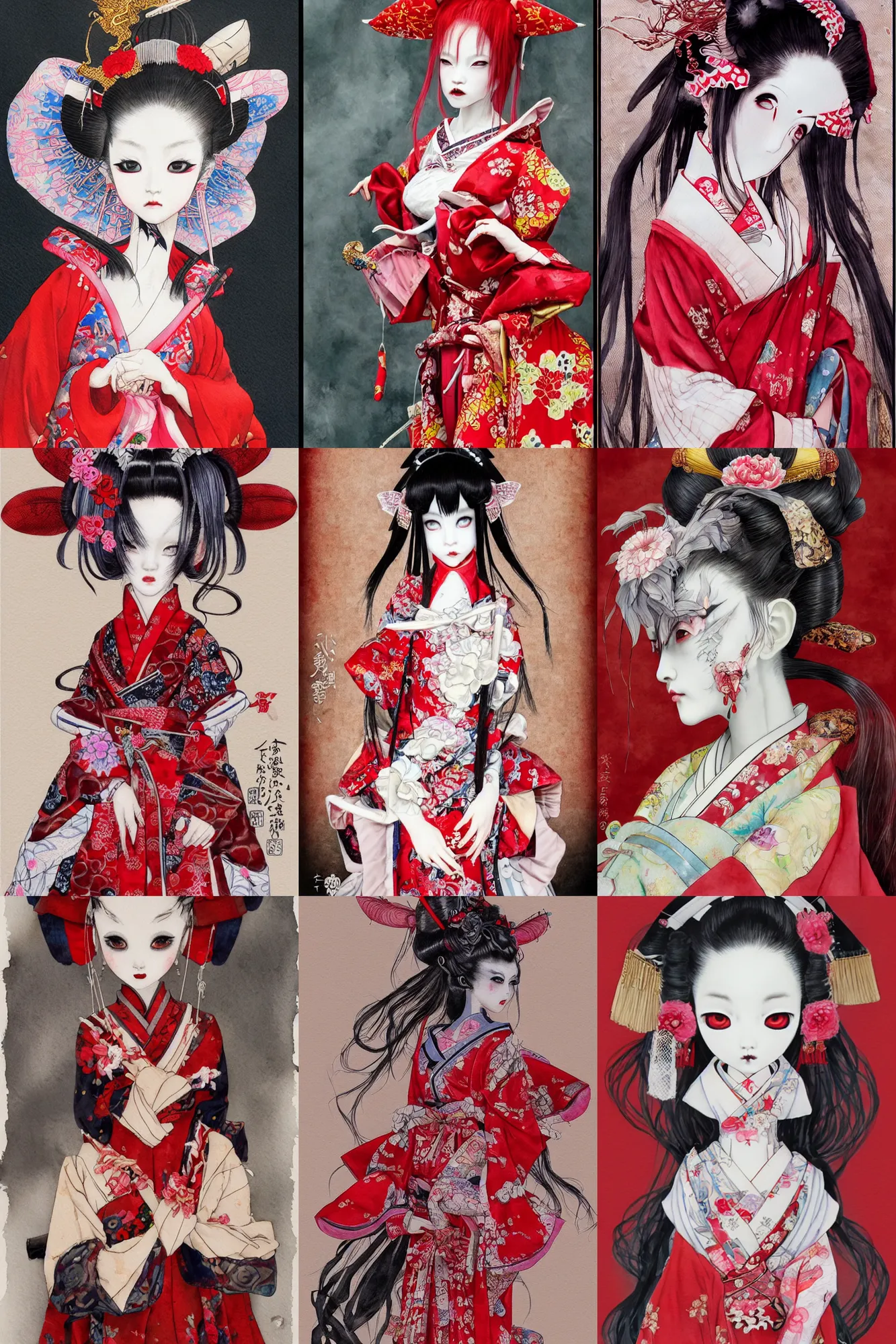 Prompt: watercolor painting of a japanese bjd geisha oni demon with a long neck in victorian lolita fashion red dress in the style of dark - fantasy painted by yoshitaka amano, eunpyon, ayami kojima, dmt art, symmetrical vogue face portrait, intricate detail, artstation, cgsociety, artgerm, rococo, gold
