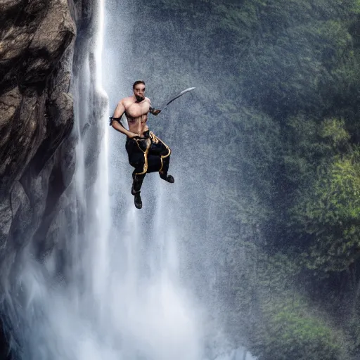 Prompt: man with sword jump of the cliff in front of the waterfall, a close shot from huge dragon, realistic shot, sci - fi, superhero, 8 k, unreal