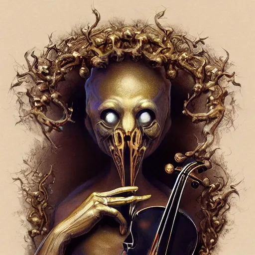 Prompt: bold simple lifelike humanoid illustration of close low angle view of an ornate obsidian gothic violin interior with gold spidery embellishments, night, smoke, ground fog, by peter mohrbacher, by frank frazetta, by vincent di fate, large depth of field, super detailed, digital art, trending on artstation, ornate