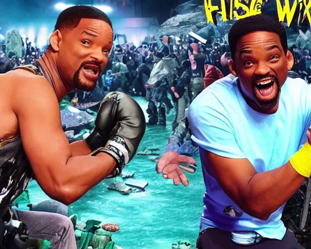 Image similar to will smith fighting with chris rock at toxic waste lake deathbattle 4k