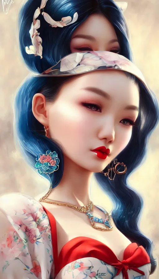 Image similar to a pin up and beautiful fashion and charming and dreamlke asian girl, lv jewelry, art by artgerm & jeehyung lee & wlop, hyperdetailed, 8 k realistic, symmetrical, frostbite 3 engine, cryengine, dof, trending on artstation, digital art