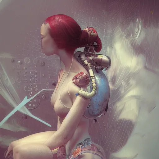 Image similar to hyperrealistic photography of a machine entering a beautiful venus female host in the style of jin kagetsu, james jean and wlop, highly detailed, sharp focus, intricate concept art, digital painting, ambient lighting, 4 k, artstation