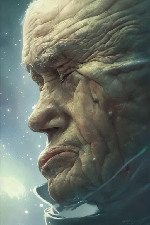 Image similar to the look of an elderly person 4 1 6 0 full of wrinkles and imperfections by artgem and greg rutkowski, highly detailed, high contrast, light reflection, trippy, nebula, trending on artstation