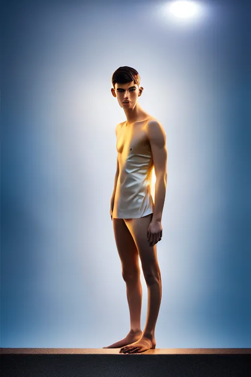 Image similar to un ultra high definition studio quality photographic art portrait of a young man standing on the rooftop of a british apartment building wearing soft padded silver pearlescent clothing. three point light. extremely detailed. golden ratio, ray tracing, volumetric light, shallow depth of field. set dressed.