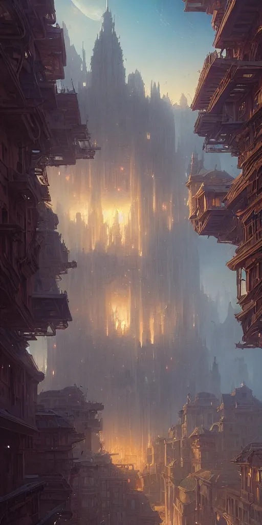 Image similar to a city built on a giant 🪜, unreal engine, fantasy art by greg rutkowski, loish, rhads, ferdinand knab, makoto shinkai and lois van baarle, ilya kuvshinov, rossdraws, tom bagshaw, global illumination, soft light, detailed and intricate environment