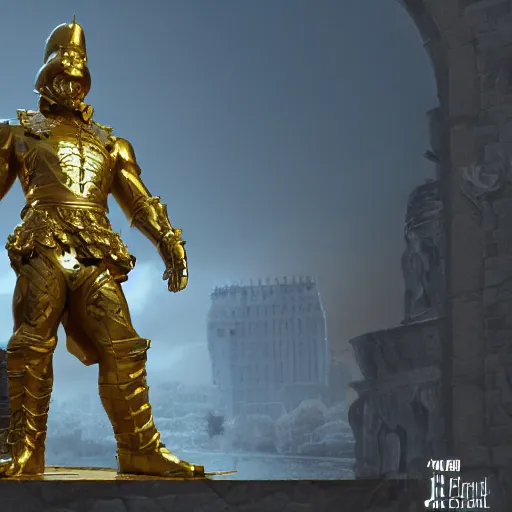 Image similar to portrait of castle gold statue reflect chrome, 8 k uhd, unreal engine, octane render in the artstyle of finnian macmanus, john park and greg rutkowski