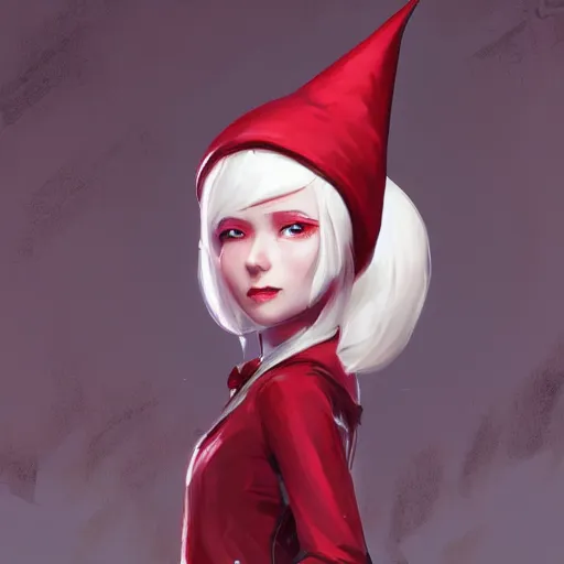 Prompt: featured in Artstation gnome girl with white hair and red pointy hat in the style of wlop and sakimichan and Ross Tran