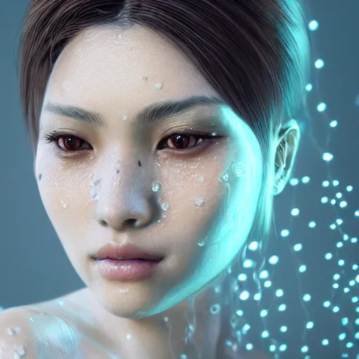 Image similar to intricate highly detailed face portrait of asian - european woman, light mint transparent water vines on her face, intricate, cgsociety, unreal engine, octane render, sharp focus, smooth, volumetric lighting, cinematic composition, artstation c 1 0. 0