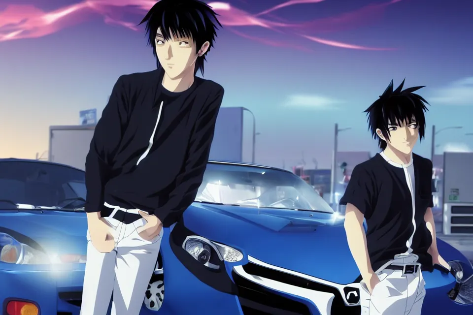Prompt: aesthetic illustration of very serious ryosuke takahashi with black hair wearing a dark blue shirt and white pants stands near mazda rx 7 on an empty gas station at dusk, initial d anime 1 0 8 0 p, detailed anime face, high detail, 9 0 s anime aesthetic, volumetric lights, unreal engine 5 render, pinterest wallpaper, trending on artstation