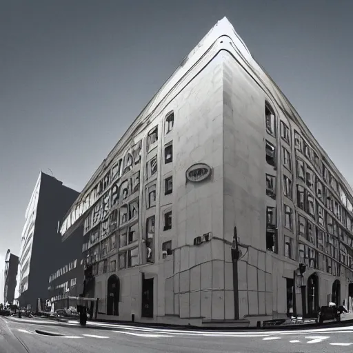 Image similar to architectural rendering of non-euclidean geometry hyberbolic fisheye street corner, surreal grunge