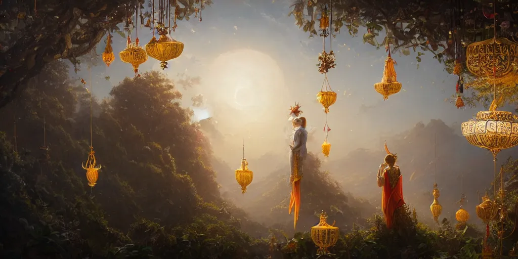 Image similar to painting of a god of wind enjoying his ornate heavenly palace, decorated with windchimes and paper lanterns, stunning nature in background, cinematic, 8 k, hyper detailed, art by greg rutkowski