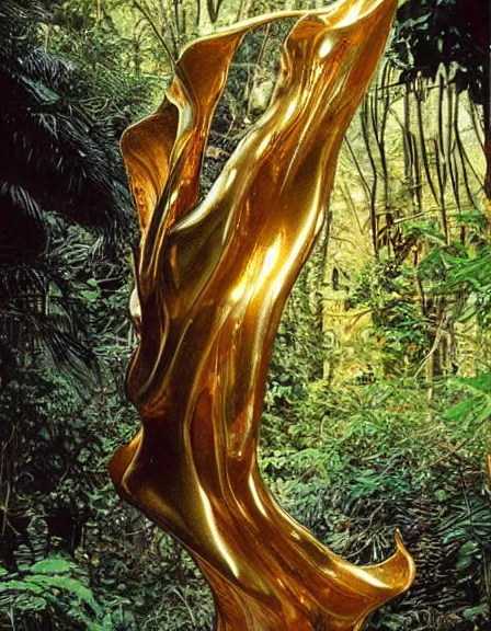 Image similar to vintage color photo of a giant 1 1 0 million years old abstract liquid gold sculpture shinning and covered by the jungle vines