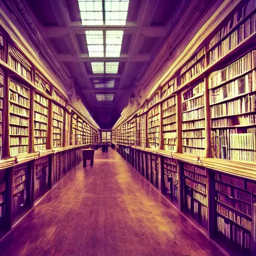 Prompt: old library, liminal, dimly lit, surreal, sprawling,